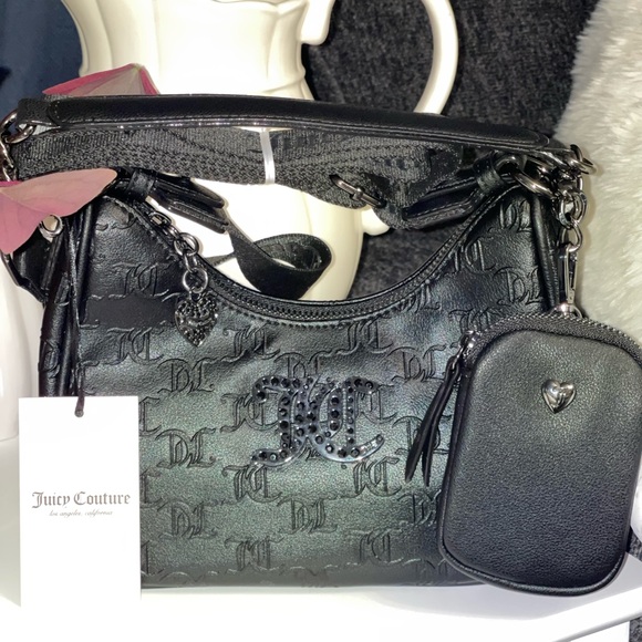 JUICY COUTURE Black Embossed Crossbody Bag in Liquorice (Black) w/Coin/Air Pods - Picture 15 of 16